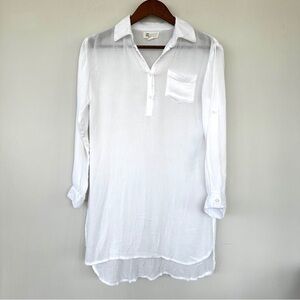 Beach By Exist White Swim Coverup with Roll-tab Sleeves, cotton gauze